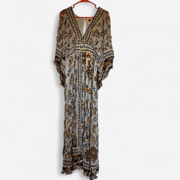 Farm Rio Silver Golden Dots Floral Tiger Tapestry Flare Sleeves Maxi Dress Large - Picture 4 of 11